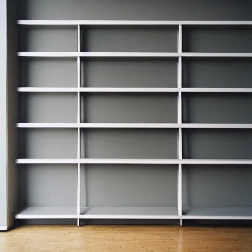 Image similar to 3 empty shelves on a light grey wall, Off-White, realistictic, color film photography by Tlyer Mitchell, 35 mm, graflex