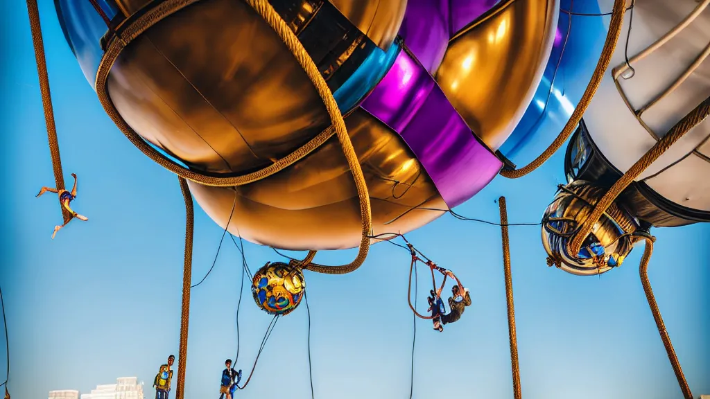 Image similar to large colorful futuristic space age metallic steampunk balloons with pipework and electrical wiring around the outside, and people on rope swings underneath, flying high over the beautiful futuristic city landscape, professional photography, 8 0 mm telephoto lens, realistic, detailed, photorealistic, photo journalism