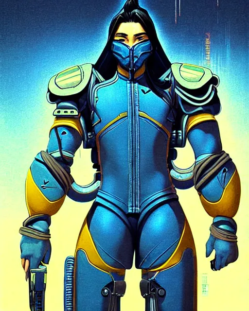 Image similar to hanzo from overwatch, cyber suit, character portrait, portrait, close up, concept art, intricate details, highly detailed, vintage sci - fi poster, retro future, vintage sci - fi art, in the style of chris foss, rodger dean, moebius, michael whelan, and gustave dore