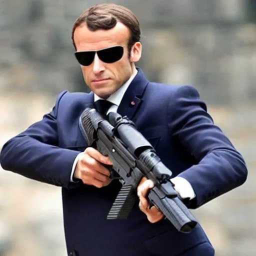 Image similar to emmanuel macron with a gun and shades in the matrix movie, full body shot, highly - detailed, sharp focus, award - winning