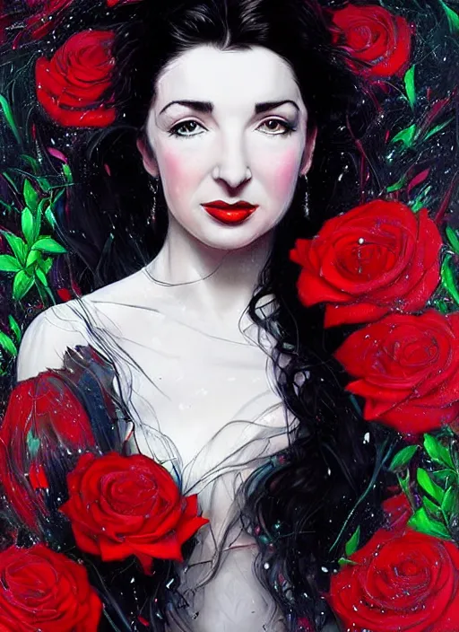 Prompt: portrait of kate bush against a neon multicolored background, lush black hair, pale skin, white and red roses, flowing material, intricate, beautiful cinematic lighting, stunning painting by artgerm, norman rockwell, android jones, wadim kashin