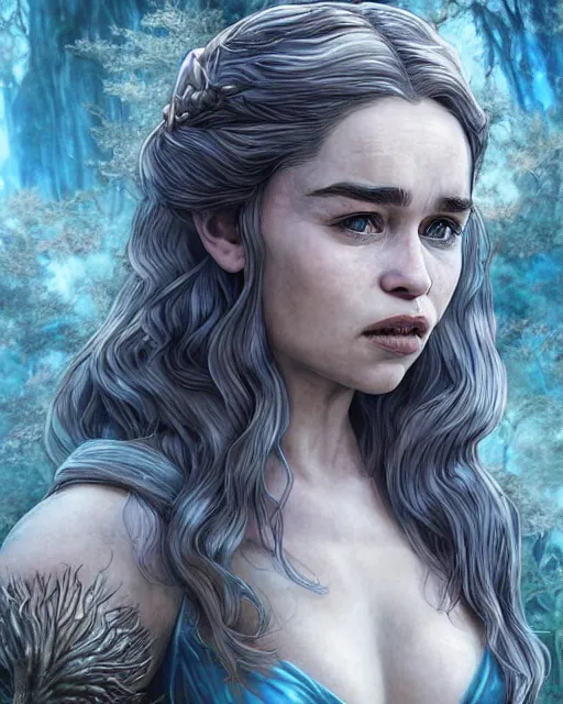 Prompt: emilia clarke as khaleesi with a piercing gaze wearing na enchanted bikini in an underwater magical forest, highly detailed face, realistic face, beautiful detailed eyes, fantasy art, in the style of artgerm, illustration, epic, fantasy, intricate, hyper detailed, artstation, concept art, smooth, sharp focus, ray tracing, vibrant