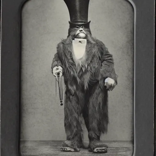 Prompt: a vintage wet plate portrait of a dignified bigfoot with a top hat and cane, extremely detailed, by angus mcbeanbigfoot!!!!!!!!!!!!!!!!!!