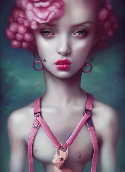 Image similar to pop surrealism, lowbrow art, realistic seductive cute woman painting, pink body harness, hyper realism, muted colours, rococo, natalie shau, loreta lux, tom bagshaw, mark ryden, trevor brown style,