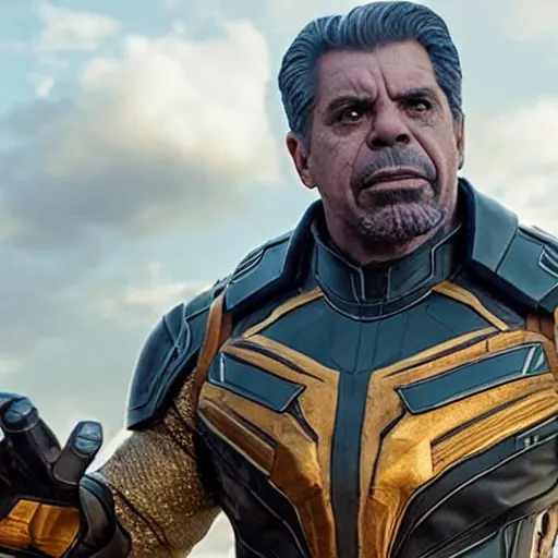 Prompt: film realistic still Eugenio Derbez as Thanos in Avengers Endgame