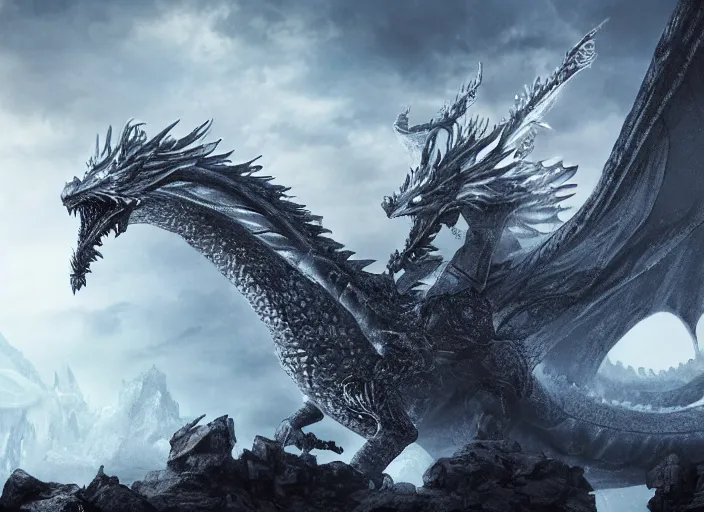 Prompt: giant ice dragon attacking an ancient castle, highly detailed, 4 k, hdr, award - winning, directed by zack snyder, trending on art station, matte