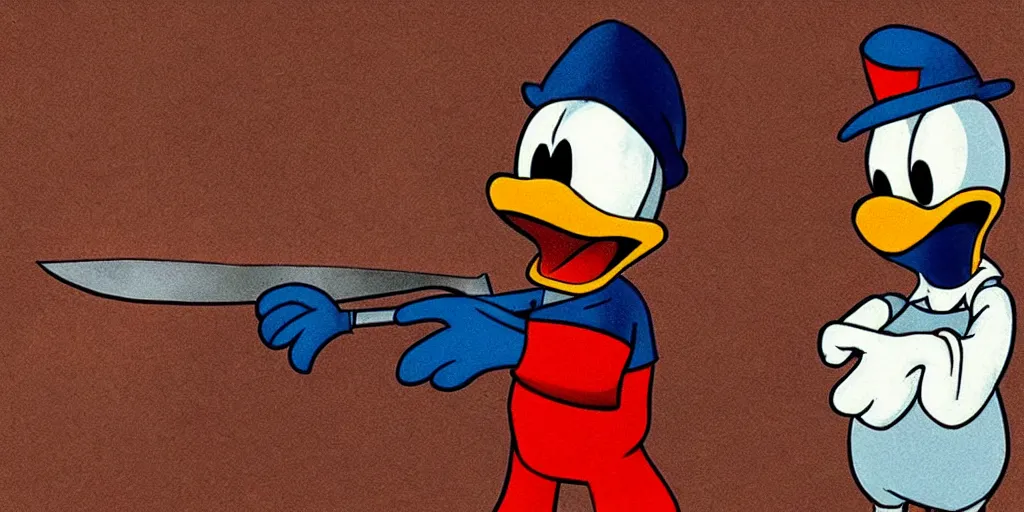 Image similar to donald duck holding a bloody knife, in the style of silent hill