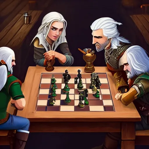 Image similar to Geralt of Rivia and Ciri playing chess in a tavern. geralt de rivia and ciri play at a table in the middle of the tavern, pixel art by Gerardo Quiroz, devian art, 4k