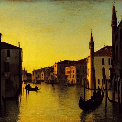 Image similar to A beautiful backlight sunset scene of historic Venice with gondola and reflective water in the style of Johannes Vermeer