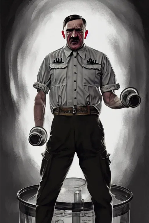 Prompt: clear portrait of adolf hitler benchpressing a big gas container, cottagecore!!, background hyper detailed, character concept, full body, dynamic pose, intricate, highly detailed, digital painting, artstation, concept art, smooth, sharp focus, illustration, art by artgerm and greg rutkowski and alphonse mucha