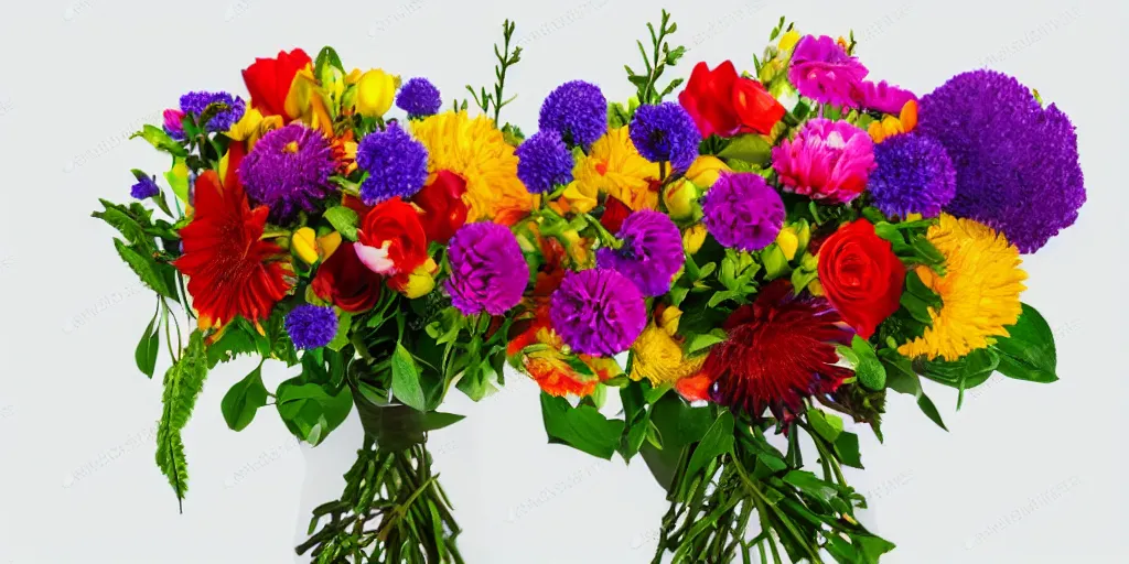 Prompt: bouquet of beautiful, colorful flowers in a vase on a white background. photorealistic. coherent.