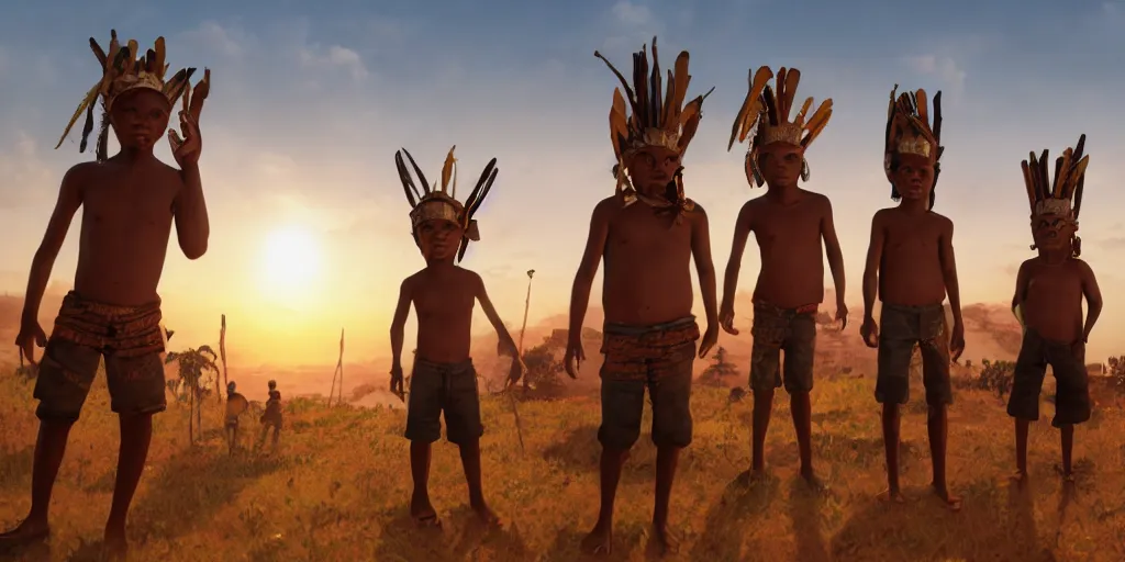 Image similar to a film still for African favela, four kids wearing African war paint tribal masks stand ready for battle, medium shot, waist up, studio Ghibli, Pixar and Disney animation, sharp, Rendered in Unreal Engine 5, anime key art by Greg Rutkowski, Bloom, heavy dramatic sunset lighting