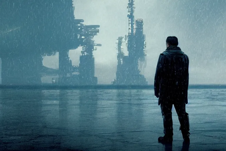 Image similar to a still from bladerunner 2 0 4 9 depicting a medium shot of akie kotabe wearing wet weather gear. he stares intently into the camera with a worried expression. behind him is a futuristic oil rig in the deep ocean. sci fi, futuristic, cinematic, low light, soft focus.