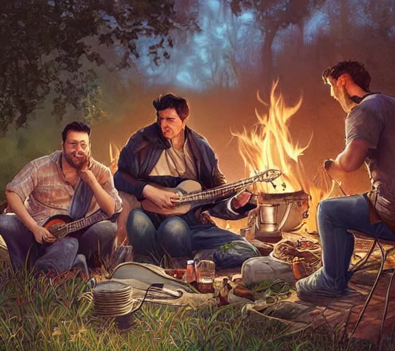 Prompt: three guys talking in the backyard with a barbecue and a bonfire, one guy playing guitar, evening, fantasy, intricate, elegant, highly detailed, digital painting, artstation, concept art, smooth, sharp focus, illustration, art by artgerm and H R Giger and alphonse mucha