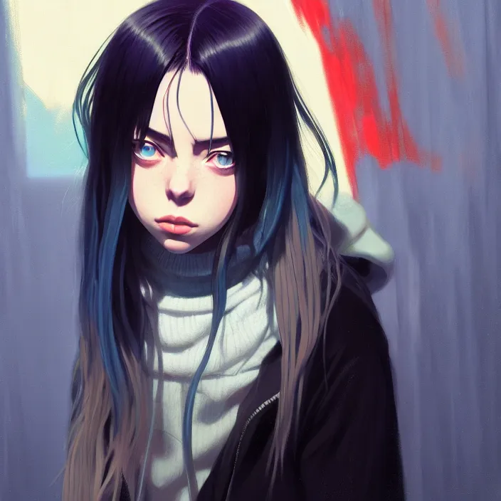 Image similar to a potrait of billie eilish as an anime, fine details, night setting, realistic shaded lighting poster by ilya kuvshinov katsuhiro, artgerm, jeremy lipkin and michael garmash, unreal engine 5, radiant light, detailed and intricate environment