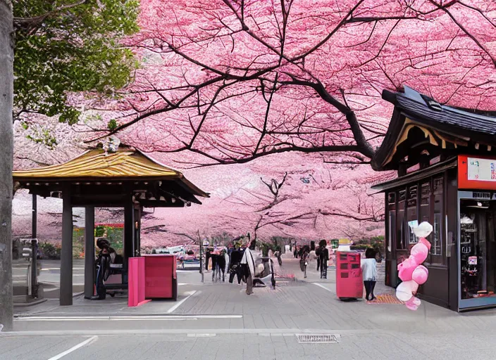 Prompt: a bus stop in kyoto where cherry blossoms bloom a warm pink color pixel art.