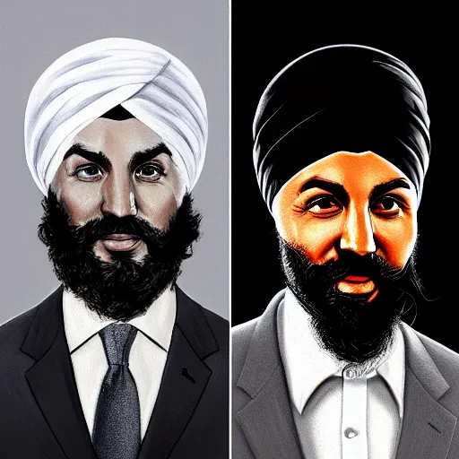 Prompt: Justin Trudeau with Jagmeet Singh in the american gothic painting, concept art, sharp focus, highly detailed digital painting by Grant Wood, artstation