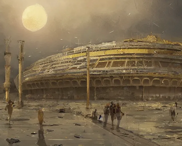 Image similar to a football stadium in the style of golden age syrian empire architecture, art by greg rutkowski and artgerma, stunning concept art, exterior design