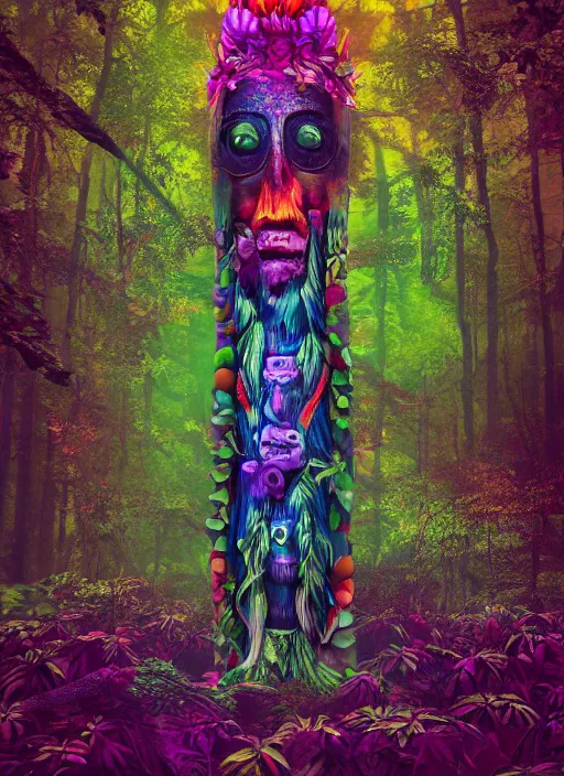 Image similar to a psychedelic surreal horror totem made of trees and multicolor flowers, fulcolor octane remder, cinematic