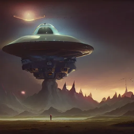 Prompt: a digital painting of a gigantic big enormous ufo spaceship in the sky on earth concept art by simon stalenhag and peter mohrbacher cgsociety, speedpainting, apocalypse art. unreal engine. hyper - realistic. photo realistic. 3 d render. octane render. detailed masterpiece. extreme wide shot.