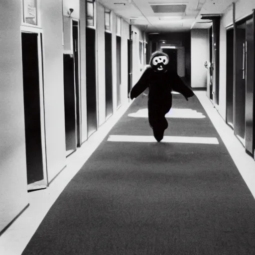 Image similar to A creepy photo of Ronald McDonald chasing you in an empty hallway, disposable film