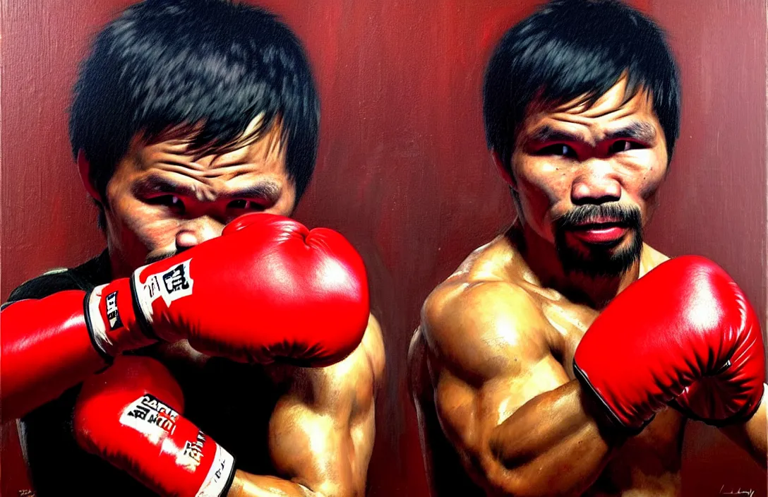 Prompt: portrait of manny pacquiao with red boxing gloves!!!!!!!!!!!!!!!!!!!!!!!!!!!, detailed face, detailed painting, epic lighting, by ilya repin, phil hale and kent williams