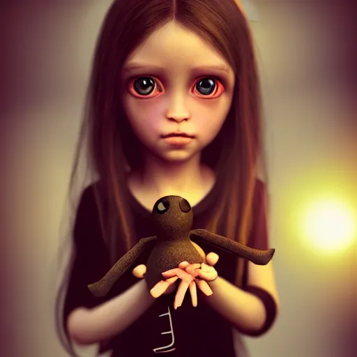 Image similar to a little alien girl with big sad black eyes and long hair holds a doll in her hands, sci - fi, 3 d, mysterious atmosphere, photorealistic, ultradetails