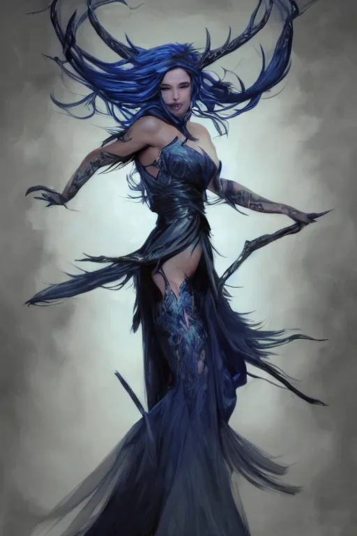 Image similar to fullbody!! dynamic action pose, beautiful woman with blue hair, antlers on her head, long flowing intricate black dress, dnd, face, fantasy, intricate, elegant, highly detailed, digital painting, artstation, concept art, smooth, sharp focus, illustration, art by artgerm and greg rutkowski and alphonse mucha