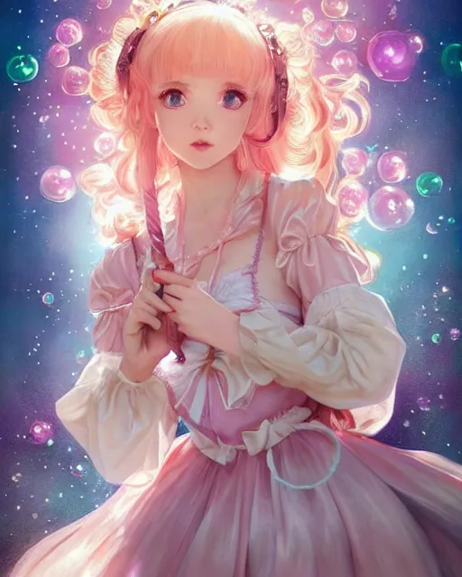 Image similar to portrait of magical lolita girl, dreamy and ethereal, expressive pose, big pink eyes, exciting expression, fantasy, intricate, elegant, many rainbow bubbles, rose tones, highly detailed, anime, artstation, concept art, cyberpunk wearing, smooth, sharp focus, illustration, art by artgerm and greg rutkowskiand alphonse mucha