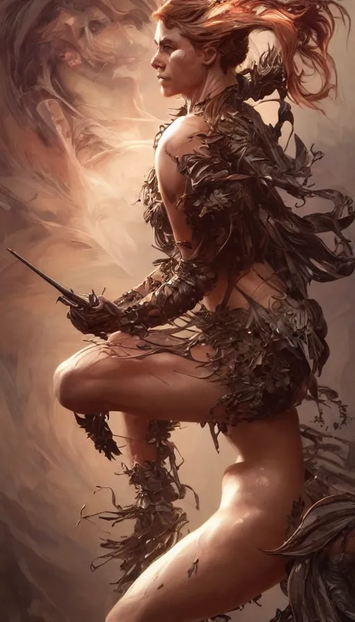 Image similar to savage beauty, sweaty, dynamic action pose, insane, intricate, highly detailed, digital painting, artstation, concept art, smooth, sharp focus, illustration, Unreal Engine 5, 8K, art by artgerm and greg rutkowski and alphonse mucha