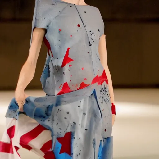 Image similar to dystopian fashion incorporating red white and blue, brutalist fashion show, studio lighting, concept art