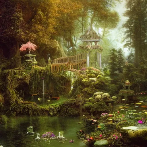 Image similar to a beautiful and highly detailed matte painting of a magical wishing well in a fantasy garden in a lush forest deep in the mystical mountains, intricate details, epic scale, insanely complex, 8 k, sharp focus, hyperrealism, very realistic, by caspar friedrich, albert bierstadt, james gurney, brian froud,