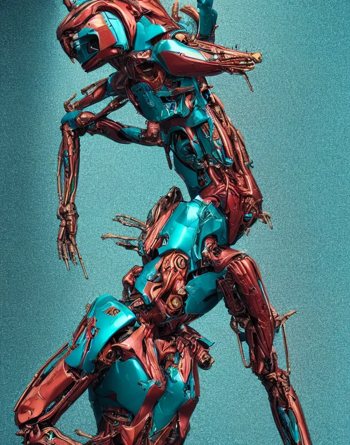 Prompt: positing on floor Guyver like Apollo!!!with many biomechanical details, full lenght view. Vogue magazine. halo. octane rendering, cinematic, hyperrealism, octane rendering, 8k, depth of field, bokeh. iridescent accents. vibrant. teal gold and red color scheme