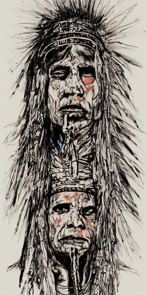 Image similar to a detailed loose wild messy ink sketch portrait of a Native American shaman wearing a bone breastplate in the style of Ralph Steadman, caricature, dramatic with desert colors