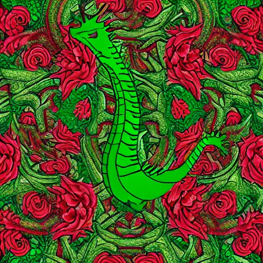 Prompt: rhaegal, green dragon, surrounded by roses in fractal patterns