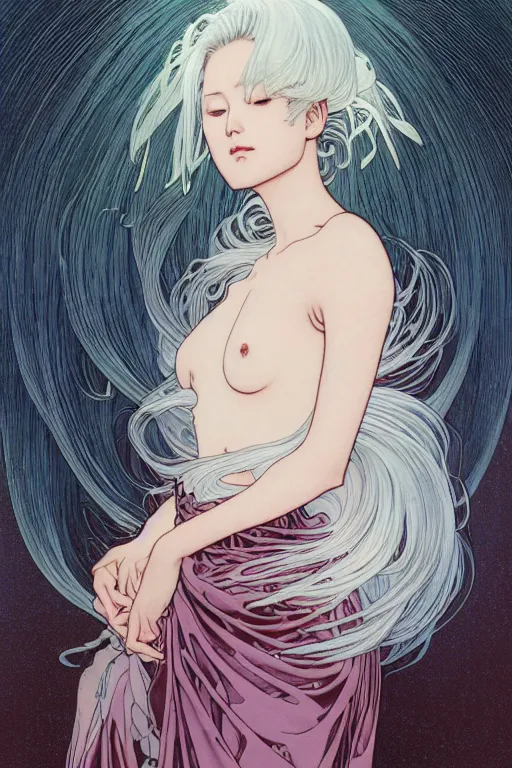 Image similar to magnum opus portrait professional photograph female holding white hair glowing, blush, pleated skirt, flowing hair, slim face, elegant, yukito kishiro, by yoichi hatakenaka, alphonse mucha, masamune shirow, josan gonzales and dan mumford, ayami kojima, takato yamamoto, barclay shaw, karol bak