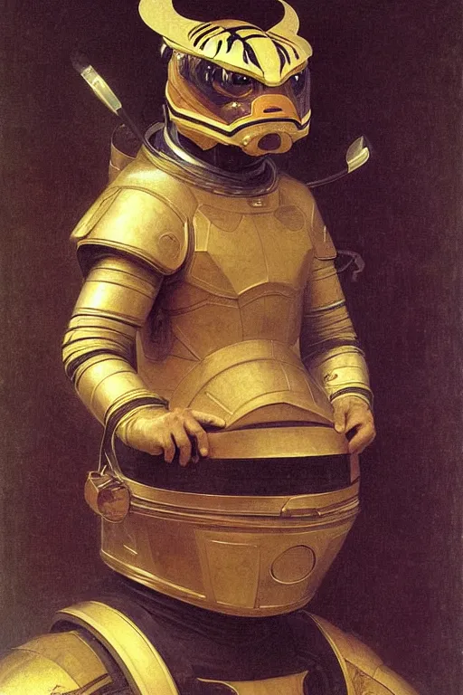 Image similar to portrait of a tiger astronaut with chinese dragon armor and helmet, majestic, solemn, by bouguereau