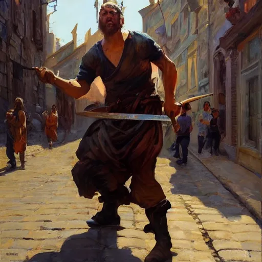 Image similar to greg manchess portrait of a man falling over a sword stuck between cobblestones, profile picture, organic painting, sunny day, matte painting, bold shapes, hard edges, street art, trending on artstation, by huang guangjian, gil elvgren, ruan jia, randy vargas, greg rutkowski