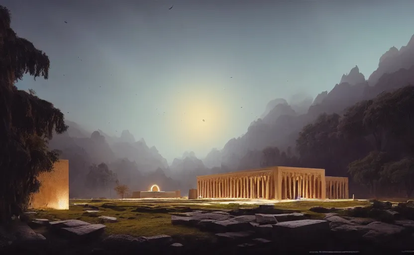 Prompt: exterior shot of utopian ancient persian temple hill with cinematic lighting by peter zumthor and renzo piano, darek zabrocki and greg ruthkowski, simon stalenhag, cinematic, holy place, paradise, scifi, futurism, atmospheric, concept art, artstation, trending on artstation