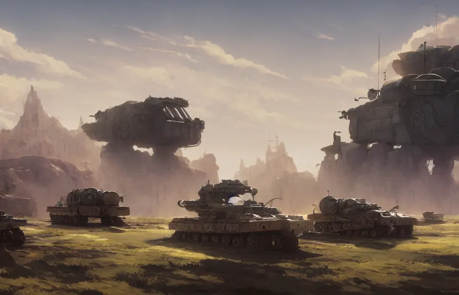 Prompt: concept art of a dusty field with ruined dieselpunk orcish tanks and smoking craters in the background, key visual, ambient lighting, highly detailed, digital painting, artstation, concept art, sharp focus, by makoto shinkai and akihiko yoshida and hidari and wlop