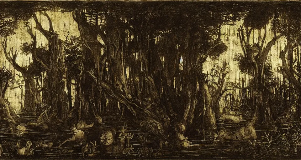 Image similar to A dense and dark enchanted forest with a swamp, by Leonardo da vinci