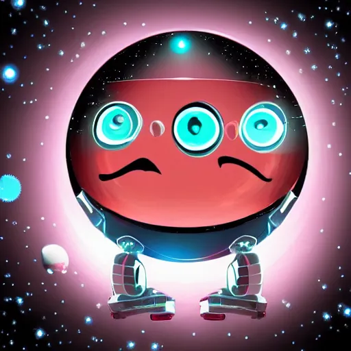 Prompt: funny spherical robot with two eyes and smile, cyberpunk, stars and space on the background,