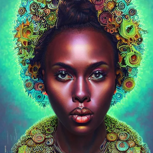 Prompt: portrait of dewanda wise, hyper detailed masterpiece, neon floral pattern, jean giraud, digital art painting, darkwave goth aesthetic, psychedelic, artgerm, donato giancola and tom bagshaw