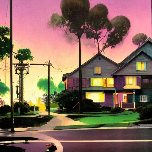 Image similar to a suburban neighborhood with deep green and purple glowing clouds. highly detailed science fiction painting by norman rockwell, frank frazetta, and syd mead. rich colors, high contrast, gloomy atmosphere, dark background. trending on artstation.