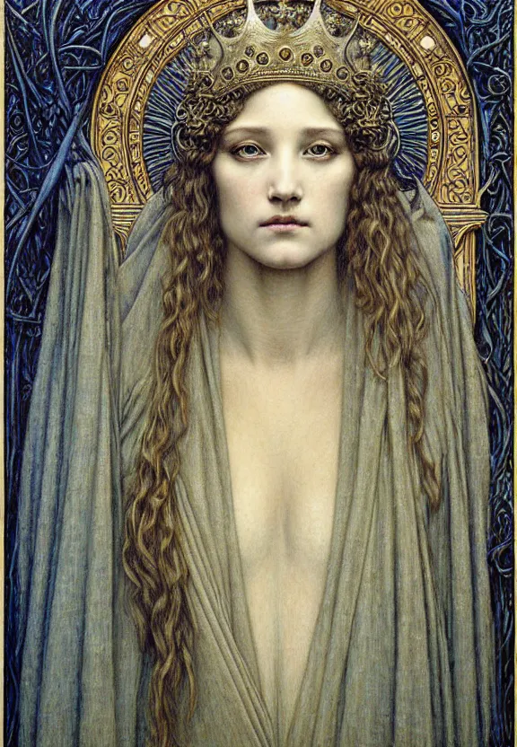 Image similar to detailed realistic beautiful young medieval queen face portrait by jean delville, gustave dore and marco mazzoni, art nouveau, symbolist, visionary, gothic, pre - raphaelite. horizontal symmetry