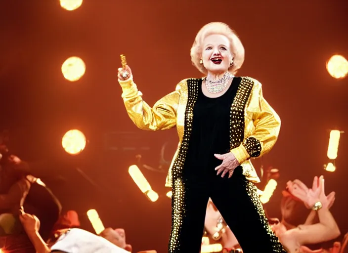 Image similar to publicity photo still of betty white as a gangsta rapper covered in gold chains, with grills in teeth and wearing a jumpsuit live on stage, 8 k, live concert lighting, mid shot