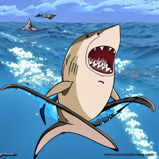 Prompt: shark with bird wings breaching water surface to eat surprised pancake person, cartoon, studio ghibli, manga, anime