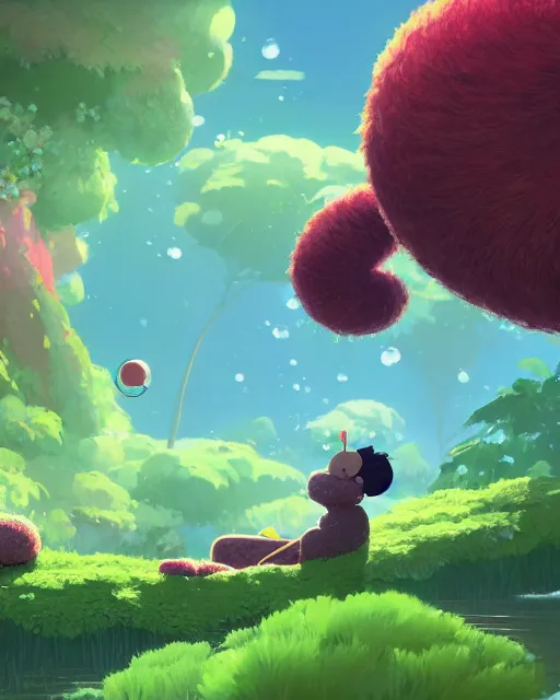 Prompt: a giant hairy caterpillar taking a bath in a spring with lush vegetation around, cory loftis, james gilleard, atey ghailan, makoto shinkai, goro fujita, character art, rim light, exquisite lighting, clear focus, very coherent, plain background, soft painting