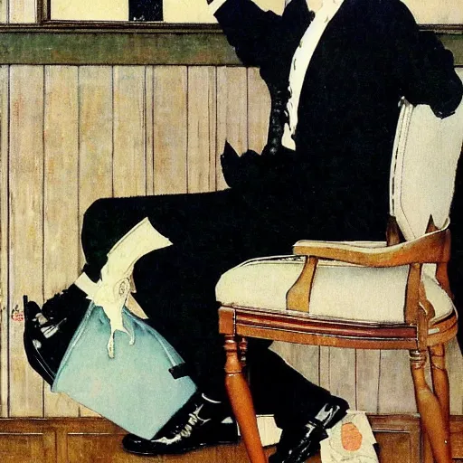 Prompt: An elegant man throws gang signs. Painting by Norman Rockwell.