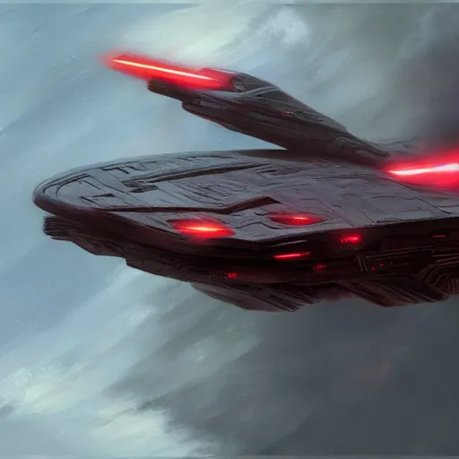 Image similar to darth vader's starship, concept art by doug chiang, cinematic, realistic painting, high definition, concept art, path tracing, high quality, highly detailed, 8 k, red colors, hyperrealistic, concept art